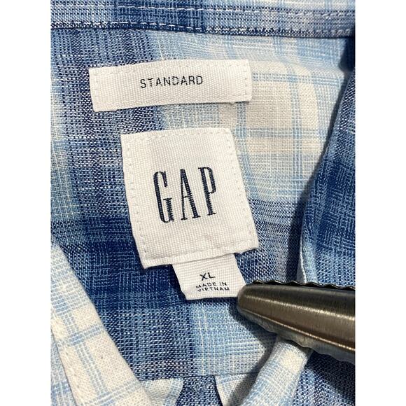Gap Men’s Plaid Linen Blend Blue Button Down Classic Shirt Long Sleeve XL - Picture 5 of 8